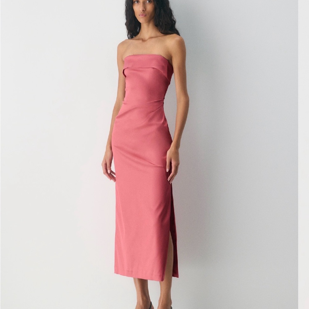 Strapless Rose Pink Midi Dress with Side Slit